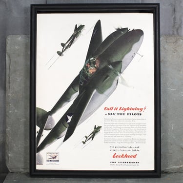 1943 Vintage Lockheed Lightning Airplane Advertisement | World War II Military Ad |. UNFRAMED Vintage Magazine Advertising Page 