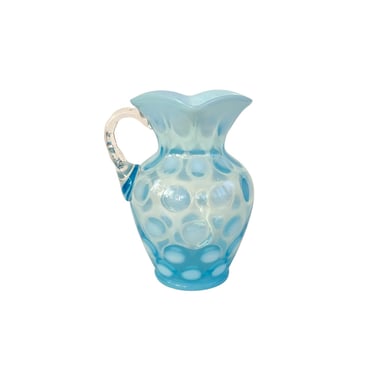 Vintage Blue Glass Pitcher Vase, 1950s Fenton Art Glass Opalescent Coin Dot Flower Vase 
