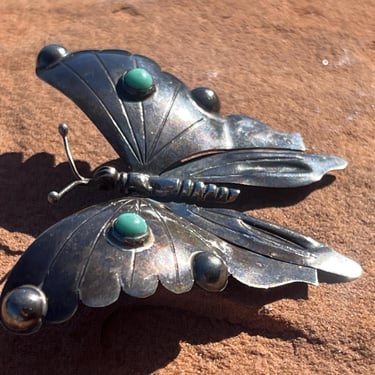 Vintage Mexico Sterling Silver Butterfly Pin / Brooch with Green Cabs on Wings c. 1940's 