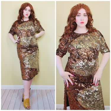 1980s Vintage Iris Gold and Bronze Sequin Dress / 80s Fully Beaded Floral Cap Sleeve Side Slip Party Dress / Size Large - XL 