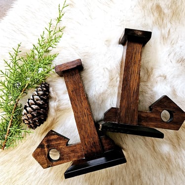 Vintage Scandinavian Handmade Wood Folk Art Candleholder Set 