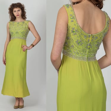 60s Al Cooper Beaded Chartreuse Maxi Dress, As Is - Small | Vintage A Line Empire Waist Sleeveless Party Gown 