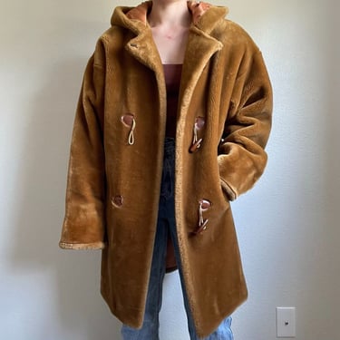 Vintage Saks Fifth Avenue 1970s Brown Faux Fur Teddy Oversized Trench Coat Sz M 