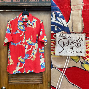 Vintage 1940’s Size L “Shaheen’s” Hula Maiden Girl Natives Frank McIntosh Cotton Hawaiian Shirt, 40’s Loop Collar Shirt, Vintage Clothing 