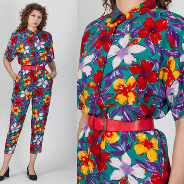 80s Tropical Floral Jumpsuit - Petite Large | Vintage Colorful Button Up Pocket Pantsuit 