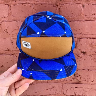 Handmade 6 Panel Hat, Triangle Front Baseball Cap, Triangle Geometric Print Camp Hat, Snap Back Hat, Royal Blue and Navy Cap, gift for him 
