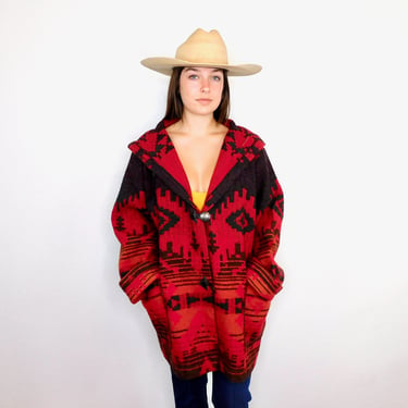 Taos Blanket Coat // wool USA made boho hippie jacket dress aztec southwest southwestern oversize 70s 80s red // O/S 