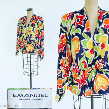 Emmanuel | 1980s Colorful Floral Print Silk Blouse | 80s Flowered Silk Blouse | Emanuel Ungaro | Large 