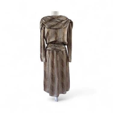 1970s Striped Shawl Collar Dress with Metallic Gold Thread 