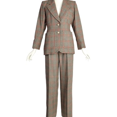 Yves Saint Laurent Vintage AW 1983 Beige Burgundy Houndstooth Plaid Jacket and Trouser Pant Suit