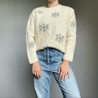 Vintage 90s Novelty Land's End Soft Wool Snowflake Holiday Ugly Christmas Sweater Size Small 