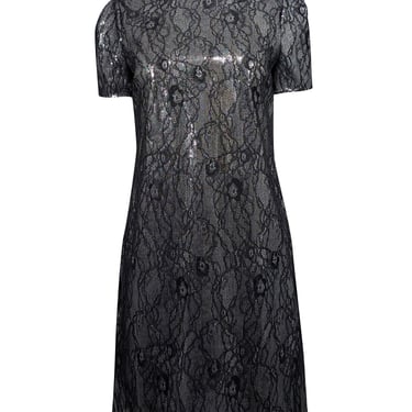 Michael Kors - Silver & Black Sequined Floral Lace Shift Dress Sz M