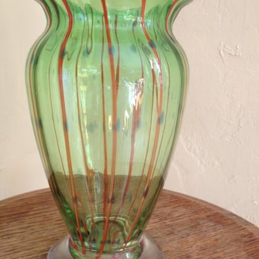 Vintage Art glass Blown Green glass with orange Stripes and Blue touches- 7 1/2
