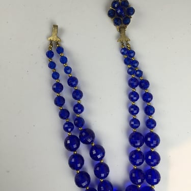 Can't Hide Your Blues - Vintage 1950s 1960s Royal Blue Large Facet Cut Lucite Bead 2 Strand Necklace 