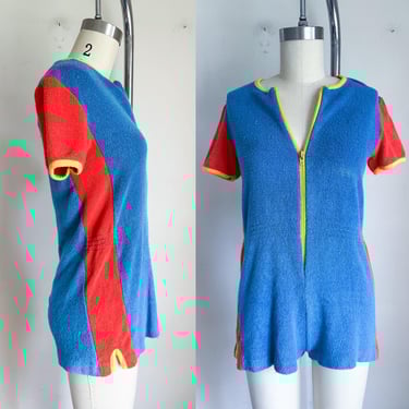 Vintage 1970s Primary Color Blocked Terry Romper / S 
