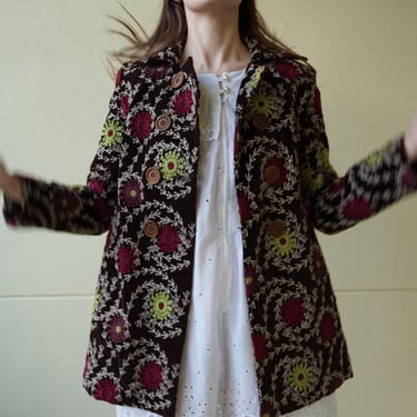 y2k Velvet Embroidered Jacket in Burgundy Brown Lime and Magenta 