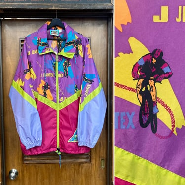 Vintage 1980’s Size XL New Wave Neon Cyclist Print Windbreaker Jacket, 80’s Hooded Jacket, Vintage Clothing 