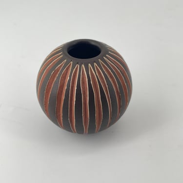 Vintage Mid-Century Incised Ceramic Ball Vase Sphere Scandinavian Style 