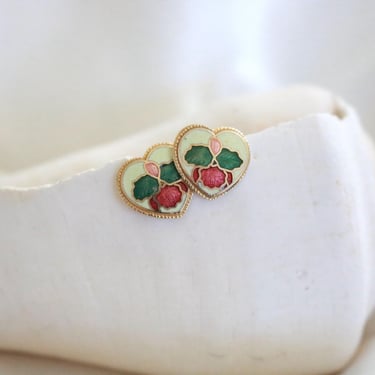 cloisonne stud earrings - vintage 90s 1990s heart shape gold golden womens post pierced 