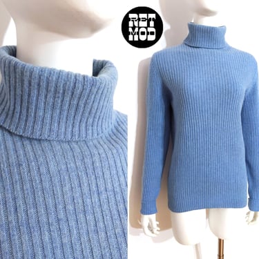 Pretty Vintage 70s 80s Light Blue Ribbed Wool Turtleneck Sweater Top 