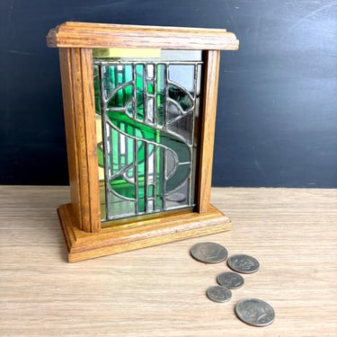 Wood and stained glass money box bank - dollar sign in stained glass - 1980s vintage 