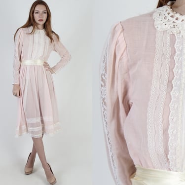 All Pink Gunne Sax Dress / Tiny Collar Romantic Bridal Dress / Vintage 70s Victorian Crochet / Sheer Prairie Lawn Midi Mini Dress 