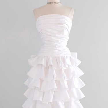 Vintage 1980's Strapless White Taffeta Cocktail Dress with Rhinestones / S