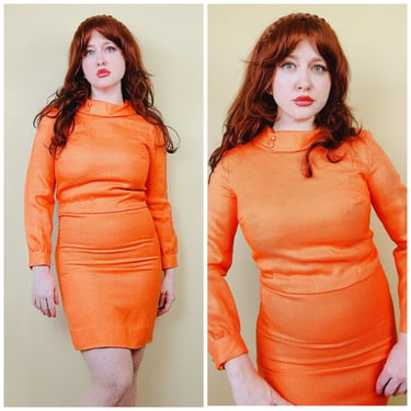 1960s Vintage Gene Stanley Orange Linen Wiggle Dress / 60s Mock Neck Mod Mini Dress / Medium 