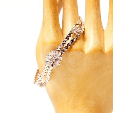 Vintage Italian 18K White Gold Diamond Accent Serpentine Link Bracelet, 2-Strand Chain, Textured Links, Floral Embellishments, 6 1/2&amp;quot; L 
