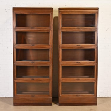 Vintage Arts & Crafts Mahogany Large Five-Stack Barrister Bookcases, Pair