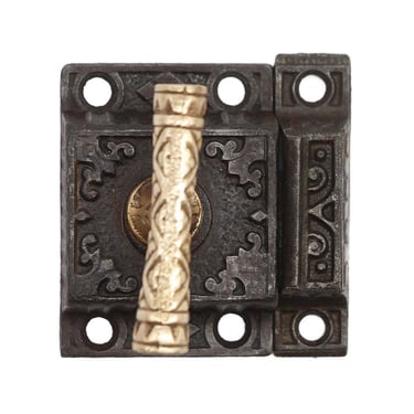 Ornate Cast Iron Cabinet Latch with High Profile Polished Bronze T Handle