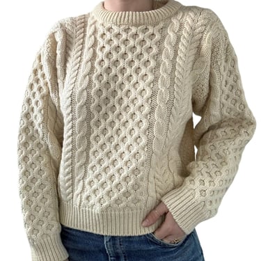 Vintage LL Bean White Wool Chunky Irish Fisherman Oversized Preppy Sweater Sz S 