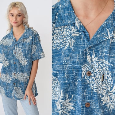 Pineapple Print Shirt Y2K Blue Hawaiian Shirt Tropical Button up Surfer Tourist Top Short Sleeve Summer Retro Aloha Vintage 00s Men's Medium 