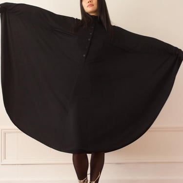 1970s Jean Muir Matte Jersey Inky Black Kaftan Dress 