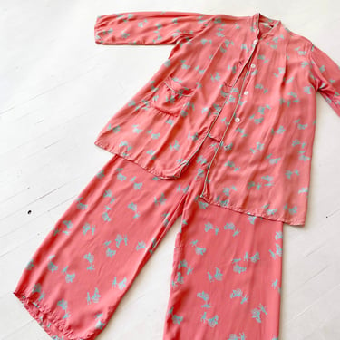 1940s Printed Coral Rayon Pajamas 