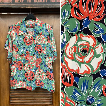 Vintage 1940’s Size XL Atomic Floral Silky Rayon Hawaiian Shirt, 40’s Rose Print, 40’s Loop Collar Shirt, Vintage Clothing 