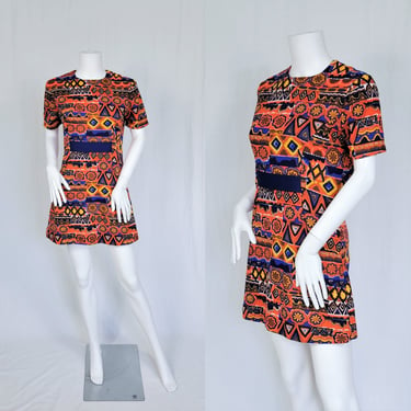 1960's Orange Blue Psychedelic Print MOD Mini Dress I Sz Med I Poly I Laugh In 