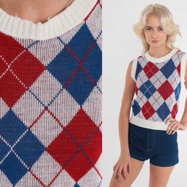 Argyle Sweater Vest Top 1980s Knit Vest Checkered Vest 80s Vintage Burgundy Blue White Sleeveless V Neck Nerd Sweater Acrylic Extra Small xs 