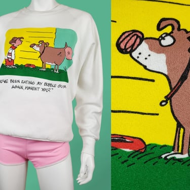 Bubble gum dog sweatshirt from 1989 by V Gene Myers. Vintage, funny, humorous, cartoon graphics. 1980s. Cotton/poly. (L) 