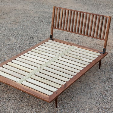 Park Ave Bed, Walnut Platform Bed, Angled Headboard, Mid Century Modern Bed Frame with Spindle Headboard 