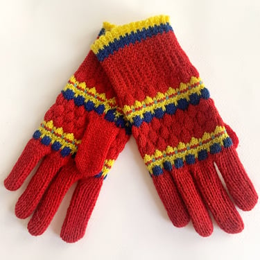 Deadstock 1940s Wool Knit Gloves - Red and Yellow - Kid's Size 4