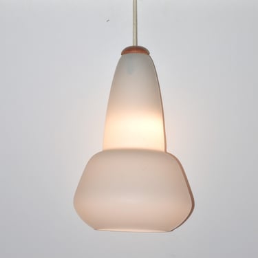 Pear Shaped Frosted Glass Swag Pendant Light w/ Curved Teak Cap