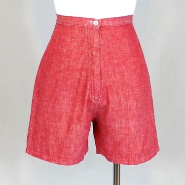 60s Red Shorts - 23" waist - White Stitching - Woven Cotton - Vintage 1960s - XXS XS 