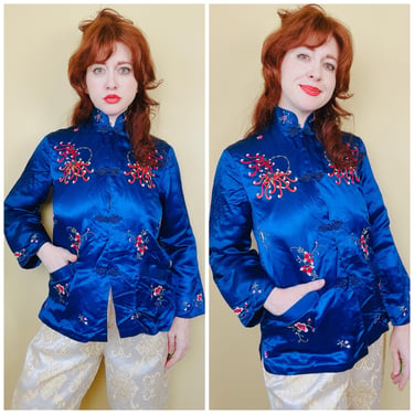 1960s Vintage Rayon and Silk Sapphire Blue Mandarin Collar Jacket / 60s Floral Embroidered Bed Jacket / Size Medium 