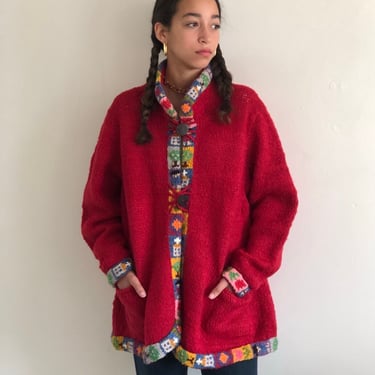 90s hand knit thick wool sweater / vintage red wool handknit chunky cardigan sweater coat jacket | S M L 