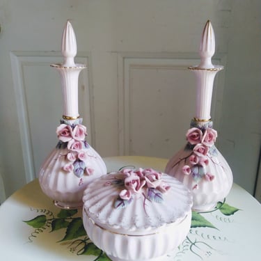 VINTAGE Pink Porcelain Vanity Set, Hollywood Glam Pink Rose Perfume Bottles and Powder Holder, Home Decor 