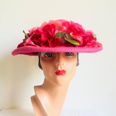 1950's Magenta Pink Straw Wide Brim Hat Silk Roses and Leaves Trim 50's Spring Summer Millinery Rockabilly Winkelman's Size 22 
