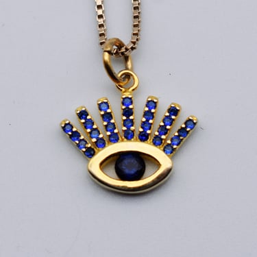 Minimalist 90's blue iolite sterling vermeil evil eye pendant, eye of god eyelashes 925 silver necklace 