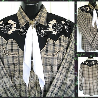 Vintage Western Men's Cowboy & Rodeo Shirt by Karman, Blue and Gray Plaid with Floral Embroidery, 16.5-34, Approx. Large (see meas. photo) 