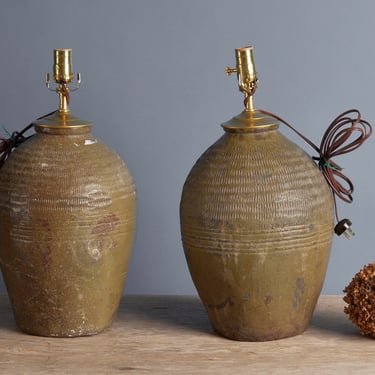 Pair of Glazed Rice Wine Storage Jars from Mekong Valley in Laos Converted into Lamps